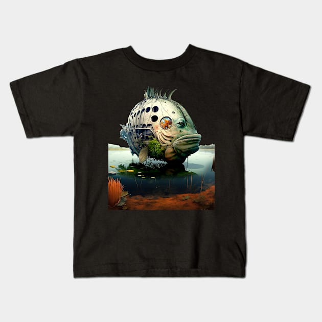 The Armored Angler: The Future of Fish on a Dark Background Kids T-Shirt by Puff Sumo